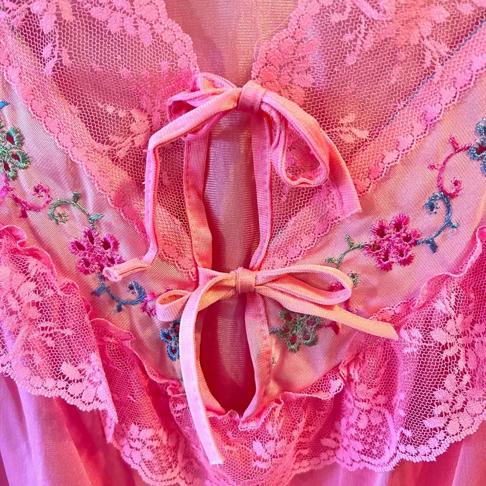 Beautiful Vintage Vivid Coral Nylon and Lace Nightgown by Bernette.  Size = M